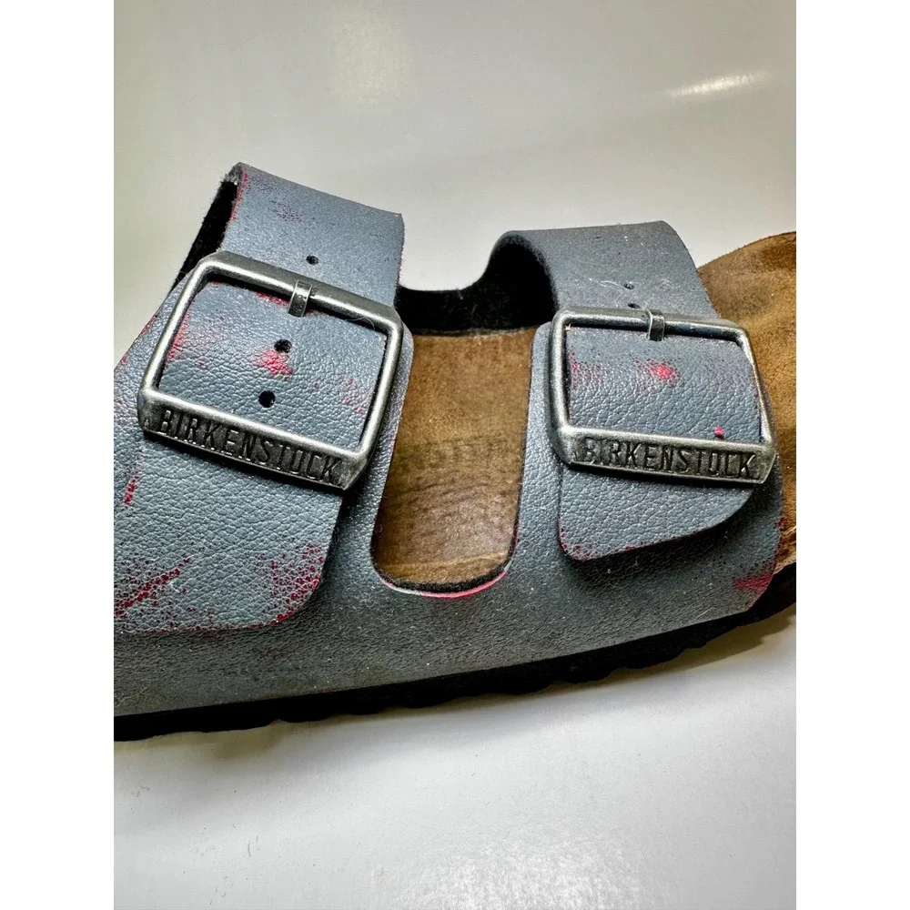 Birkenstock Arizona Sandals Distressed Blue Red Two Strap Slides approx 39